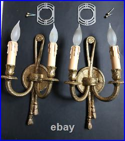 2 Rope Tassel Gold Brass Double Candleholder Wall Sconce Hollywood Dripping Wax