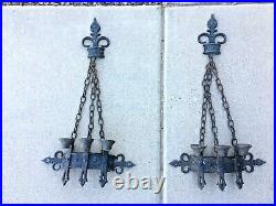 2 Sexton Wall Sconces Iron 3 Candle Holder Chain Medieval Gothic Candelabra