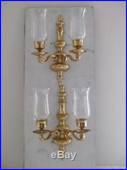 2 Solid Brass Double Arm Wall Sconce Candle Holder Hurricane Grapes Glass Shades