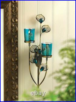 2 Teal Blue Turquoise Peacock Feather Wall Sconce Sculpture Art Candle Holder