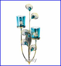 2 Teal Blue Turquoise Peacock Feather Wall Sconce Sculpture Art Candle Holder