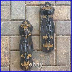 2 VTG Medieval Wooden & Metal Distressed Style Candle Wall Sconce Pair w Chain