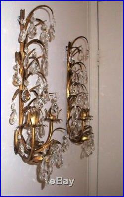 2 Vintage 20 Gold Metal Toleware 2 Candle Holder Wall Sconce, 70 Prisms, Italy