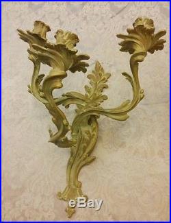 2 Vintage Art Nouveau Brass Wall Sconces Candle Holders Ornate Acathus Leaves