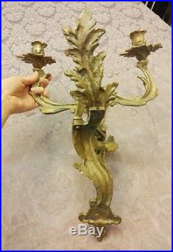 2 Vintage Art Nouveau Brass Wall Sconces Candle Holders Ornate Acathus Leaves