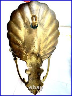 2 Vintage Brass Candle Holder Wall Sconce Scallop Shell Candelabra Heavy DECO