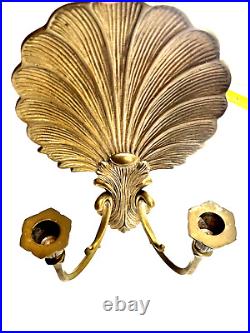 2 Vintage Brass Candle Holder Wall Sconce Scallop Shell Candelabra Heavy DECO