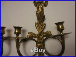 2 Vintage Brass Cast 2-Arms Wall Ribbon Tassels Sconces Candle Holders