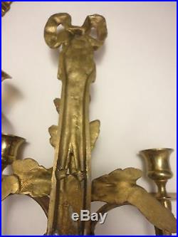 2 Vintage Brass Cast 2-Arms Wall Ribbon Tassels Sconces Candle Holders