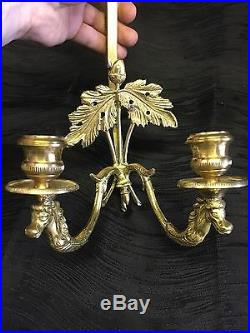 2 Vintage Brass Wall Mount Plate Holders Adjustable Oak Leaves Candle Sconces