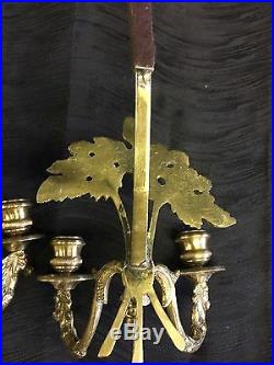 2 Vintage Brass Wall Mount Plate Holders Adjustable Oak Leaves Candle Sconces