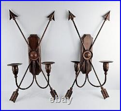 2 Vintage Brown Crossed Metal Arrows Wall Sconce Candlestick Holders