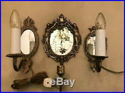 2 Vintage French Brass Empire Style Wall Lamps and 1 Candle Holder with Mirrors