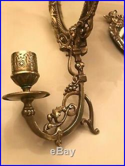 2 Vintage French Brass Empire Style Wall Lamps and 1 Candle Holder with Mirrors
