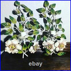 (2) Vintage French Country Floral Wall Candle Holder Italian Tole Scones
