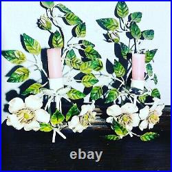(2) Vintage French Country Floral Wall Candle Holder Italian Tole Scones