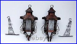 2 Vintage Hanging Lanterns Ornate Scroll Brutalist Gothic Tin Mexico Wall Sconce