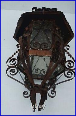 2 Vintage Hanging Lanterns Ornate Scroll Brutalist Gothic Tin Mexico Wall Sconce
