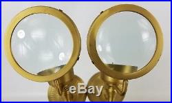 (2) Vintage Heavy Brass Candle Holder Wall Sconces with Magnifying Glass Portals