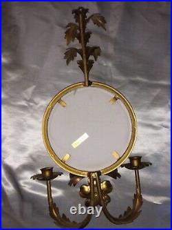 2 Vintage Italian PARE Gilt Gold Tole Mirror Candle holders Leaves Made Italy