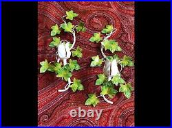(2) Vintage Italian Tole Metal Ivy Wall Sconces Vine Leaves Candle Holder Floral