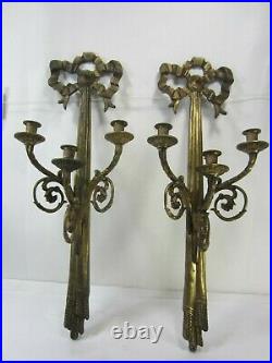 2 Vintage Large Brass Wall Mount Ribbon & Bow Candlestick Holders