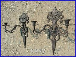 2 Vintage Metal 2-Arm Candle Holders India Wall Mountable Castle Gothic Ornate