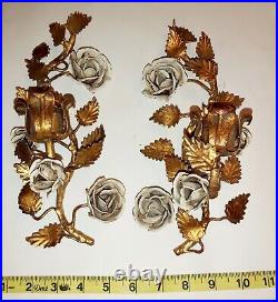 2 Vintage Rose Italian Tole Toleware Wall Sconce Candle Holder Regency Hollywood