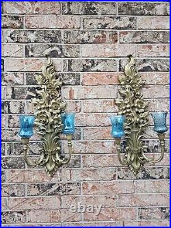 2 Vintage Syroco 4133 Wall Sconce Two Candle Holders Gold & 4 Teal Glass Cups