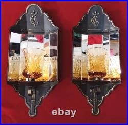 2 Vintage Wall Black Metal Mirror Candle Holders Scones Amber Glass Votive MCM