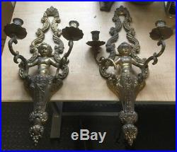 (2) Vintage Wall Brass Sconce Cherubs with two candle holders (22 x 11)