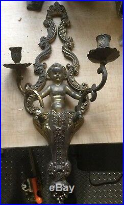 (2) Vintage Wall Brass Sconce Cherubs with two candle holders (22 x 11)