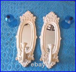 2 Vintage Wall Mirror Candle Holders 18 Scones Ornate White Blue Glass Votive