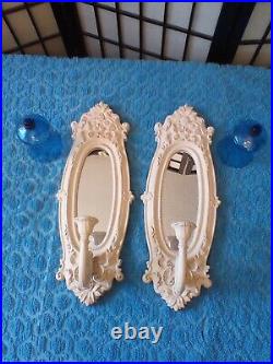 2 Vintage Wall Mirror Candle Holders Scones Ornate White Blue Glass Votives