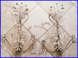 2 Vintage Weathered Metal Art Shabby White Candelabra Wall Candle or Light
