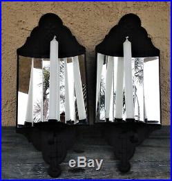 2 Vintage Wrought Iron Metal Wall Sconces / Candle Holders, Reflective Mirrors
