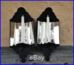 2 Vintage Wrought Iron Metal Wall Sconces / Candle Holders, Reflective Mirrors