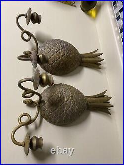 2 Vtg Large 15 Brass Mid-century Modern MCM 3D Pineapple Candle Wall Sconces
