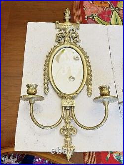 2 Vtg Solid Brass Wall Sconces Double Candle Stick Holder frames with Mirror 24L