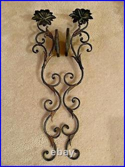 2 Wrought Iron, Metal Ornate Motif 35 Candle Holder Wall Sconces VTG Bronze
