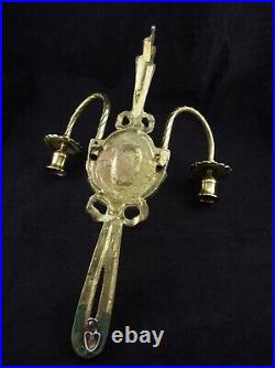 2pc Set 16 Vintage Brass Bow Flower Wall Sconces 2-Arm Candle Hollywood Regency