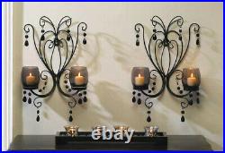 2x Black Iron Scrollwork Crystal Chandelier CANDELABRA Wall Candle Holder Sconce