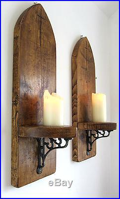 2x Large 70cm Gothic Arch Rustic Reclaimed Solid Wood Wall Sconce Candle Holder