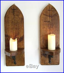 2x Large 70cm Gothic Arch Rustic Reclaimed Solid Wood Wall Sconce Candle Holder
