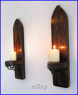 2x Large Gothic Arch Rustic Wood Wall Sconce Candle Holder Cast Iron Brackets