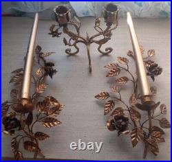 3 Gilted Gold, 2 Wall Mount Single Armed Candle Holders & 2 Arm Table Top Italy