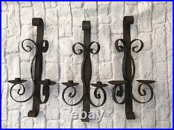 3 Vintage Wrought Iron Candle Holder Wall Sconce Rusty Gothic