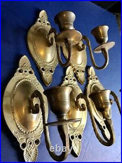 5 Vintage Brass Candle Wall Sconces Midcentury Holders Ornate With Patina Age