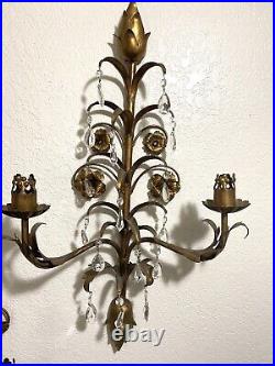 60's Hollywood Regency Pr Gold Italian Wall Sconce Fixture Crystal Candleholders