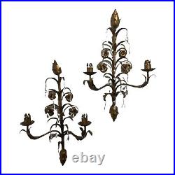 60's Hollywood Regency Pr Gold Italian Wall Sconce Fixture Crystal Candleholders